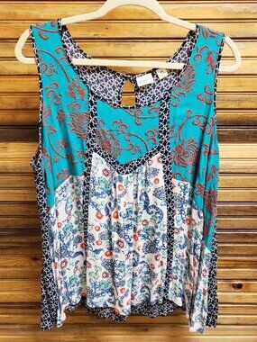 Westbound Woman Embroidered Mixed Print Flowy Sleeveless Teal Tank Top Size 2X